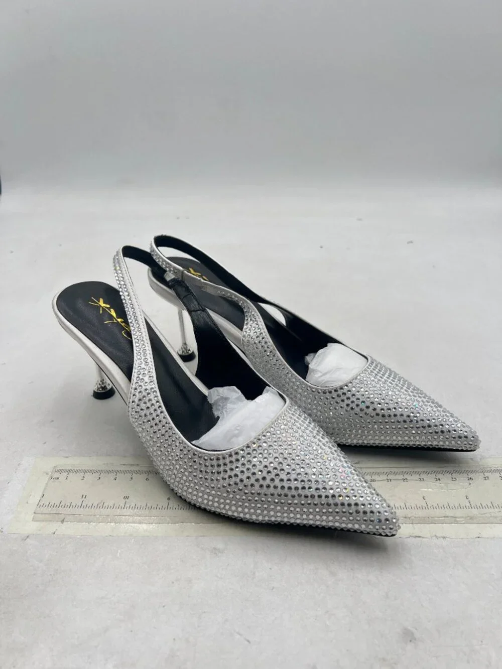 XYD Silver Pointed Toe Pump Rhinestones Crystals Thin Heels Slingback Strap Shoe